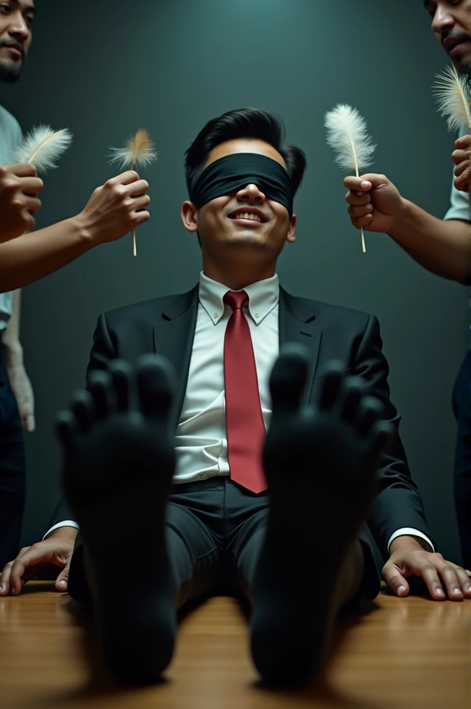 Malaysia malay handsome 21 years celebrity
His hand tied up  in warehouse 
Blindfolded
Black Suit and Red tie
feet on desk
feather
shoes on desk 
5 toes each feet 
Black sock
Smock effect smelly sock
2 man holding feather tickle his feet
He laugh very hard