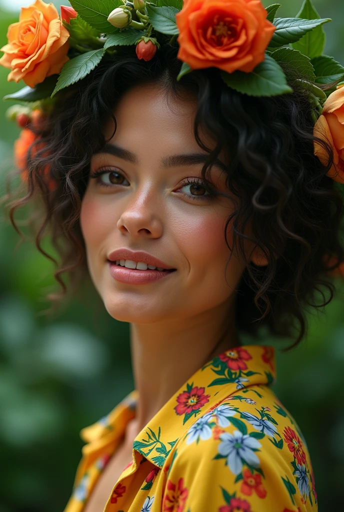 A Brazilian woman in a lush tropical garden, wearing an open shirt with a floral print, with a close-up capturing the harmonious beauty between her breasts and the natural flowers, showing off your natural charm and outgoing personality.