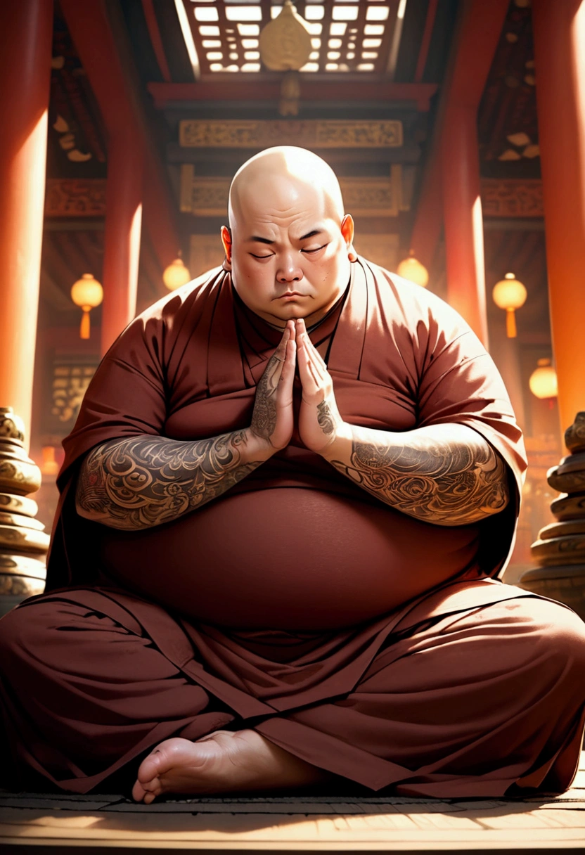 a fat monk , covered in tattoos all over his body, intricate tattoos, detailed tattoos, detailed body, 1 man, middle-aged man, bald head, wrinkled skin, serene expression, sitting cross-legged, meditation pose, buddhist monk, ornate temple background, warm lighting, rich colors, cinematic lighting, dramatic lighting, (best quality,4k,8k,highres,masterpiece:1.2),ultra-detailed,(realistic,photorealistic,photo-realistic:1.37)