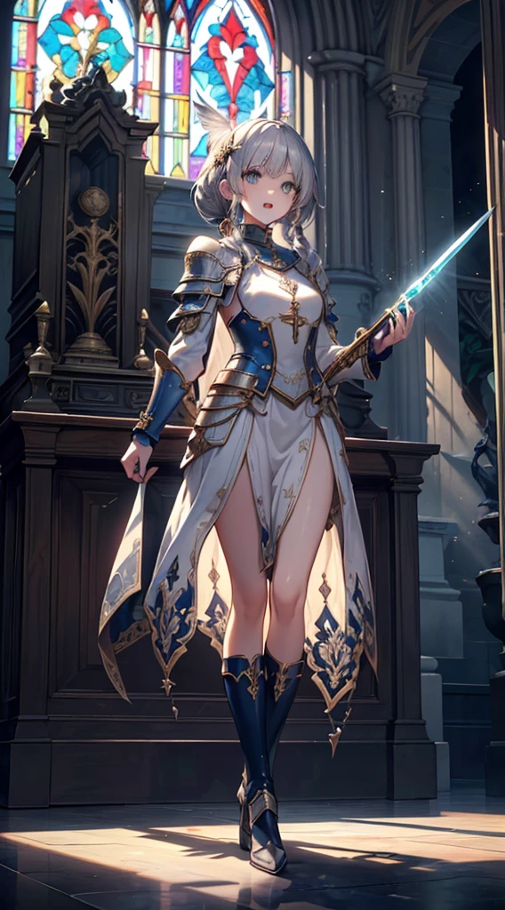 (Official art、Best Quality、Unity 8k Wallpapers、32K、masterpiece、ultra-detailliert、超A high resolution、realisitic、Photorealsitic、Very ridiculous:1.2)、(Cinematic lighting:1.2)、Fireglow effect、film grains、Best Shadows、Rim lighting、side lights、(Ultra-detailed and complex 3D rendering)、Detailed beautiful face and eyes、Sharp pupils、Realistic pupils、A slender、1Man Woman、Medium bust、(Full body:1.2)、 beauitful face、1 beautiful girl、(super detailed skin、detailed skin textures:1.3)、(silver blond、Blue-silver hair:1.3)、Paladin、Longhaire、Blunt bangs、Green eyes、3 braids in 1 bunch、(Blue Armor、Blue Boots、Blue helmet、Jeweled、Gold embroidery)、A slender、Maxi skirt、(thighs thighs thighs thighs:0.8)、(chies、in a house、Artistic stained glass、Large pipe organ、crosses、Hello Point、Mystical、a lot of feathers float、angelicales、Particles of light、solemnity、Sunlight is、colourfull、Fantastical:1.2)、(Fantastical:1.3)、(Holding the Holy Sword:1.4)、(Looking away、looking distantly:1.3)、Fantastical、Smile with open mouth