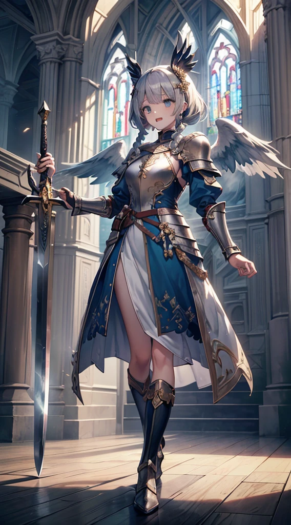(Official art、Best Quality、Unity 8k Wallpapers、32K、masterpiece、ultra-detailliert、超A high resolution、realisitic、Photorealsitic、Very ridiculous:1.2)、(Cinematic lighting:1.2)、Fireglow effect、film grains、Best Shadows、Rim lighting、side lights、(Ultra-detailed and complex 3D rendering)、Detailed beautiful face and eyes、Sharp pupils、Realistic pupils、A slender、1Man Woman、Medium bust、(Full body:1.2)、 beauitful face、1 beautiful girl、(super detailed skin、detailed skin textures:1.3)、(silver blond、Blue-silver hair:1.3)、Paladin、Longhaire、Blunt bangs、Green eyes、3 braids in 1 bunch、(Blue Armor、Blue Boots、Blue helmet、Jeweled、Gold embroidery)、A slender、Maxi skirt、(thighs thighs thighs thighs:0.8)、(chies、in a house、Artistic stained glass、Large pipe organ、crosses、Hello Point、Mystical、a lot of feathers float、angelicales、Particles of light、solemnity、Sunlight is、colourfull、Fantastical:1.2)、(Fantastical:1.3)、(Holding the Holy Sword:1.4)、(Looking away、looking distantly:1.3)、Fantastical、Smile with open mouth