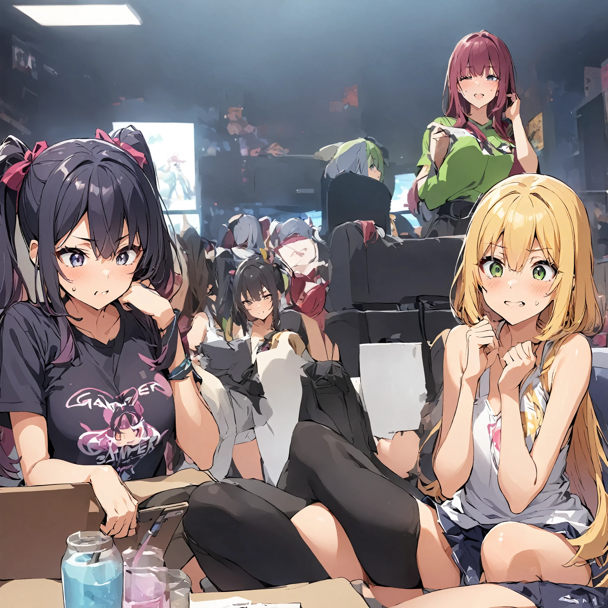 Gamer Girls' Beautiful gray hair、short hair、Beautiful Blue Eyes、Tube top、Camel Toe、black tights、Small breasts、Dark look、Sad face、Condescending look、Viewed from a low angle'Under her skirt、Nipples are erect、In the heat、Blushing Information