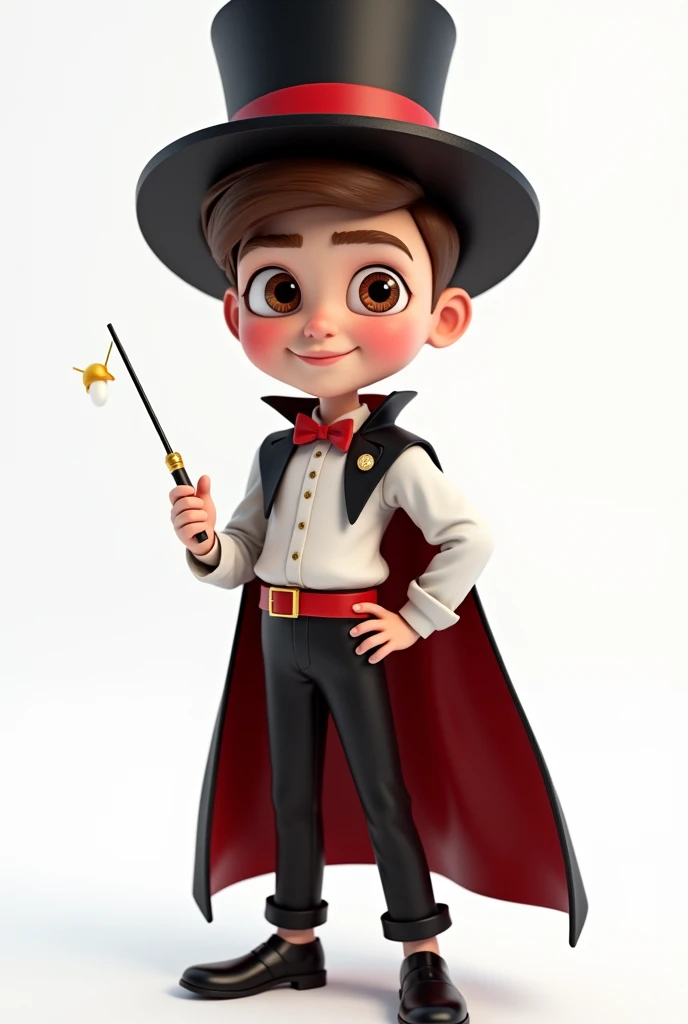(boy with asymmetrical face, eyes and brown hair), he is dressed as a magician with: black pants, red bow tie, black cape, white shirt with a red band on his stomach, black magician's top hat on his head with a red band (smiling and with a magic wand in hand), developer, facing us, 3d rendering, pixar style, (detailed digital art), stylized 3d rendering, c4d, (full height), high quality, composition, masterpiece, art station, background plain solid white