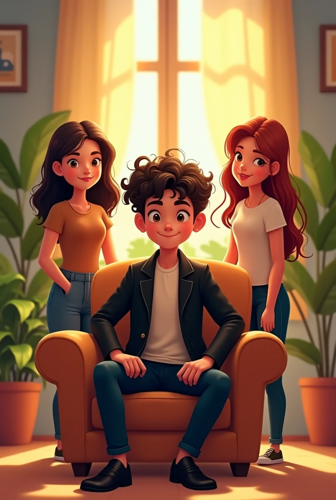 Cartoon smart boy stylish , sitting on the  chair, wearing black jacket, black pants, curly hair, indoors, soft lighting, plants in background, window with sunlight, cozy room . Three beautiful girl, standing behind with smiling face