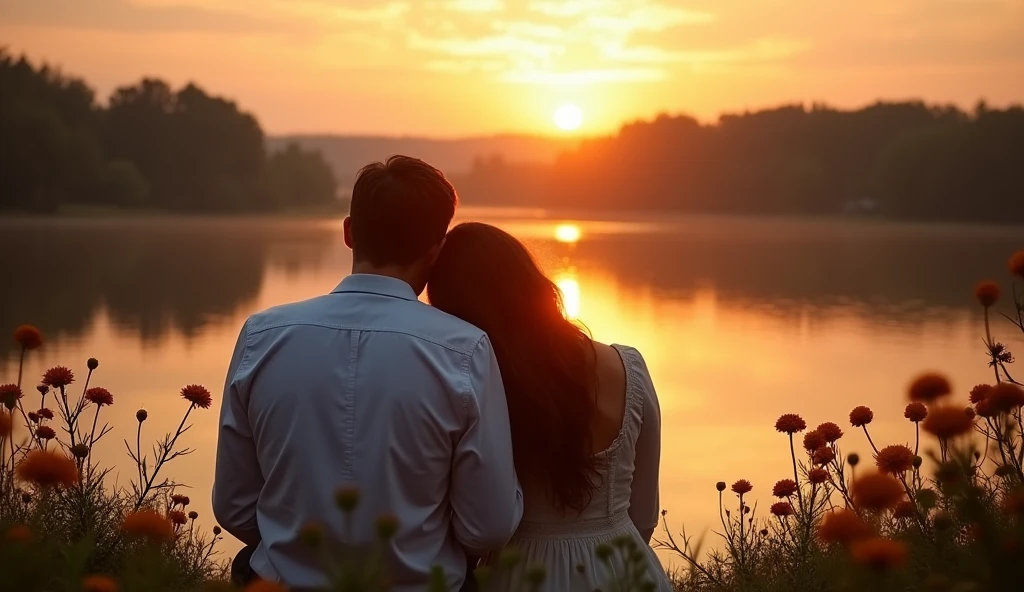 A man and a woman sitting in front of a lake, he has his head resting on the shoulder of , romantic scene, surrounded by flowers, gram, and the sunrise reflecting on the lagoon.