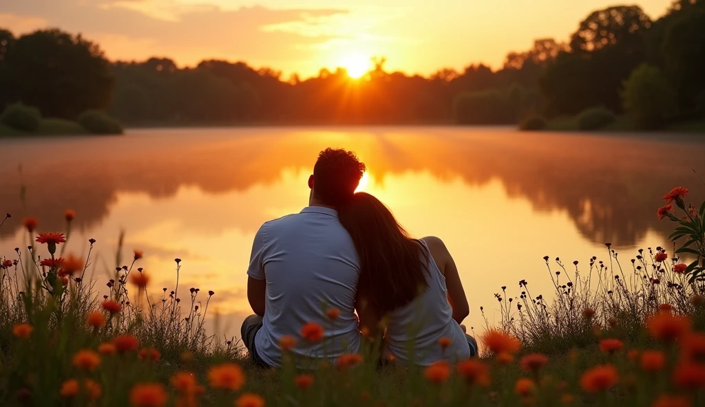 A man and a woman sitting in front of a lake, he has his head resting on the shoulder of , romantic scene, surrounded by flowers, gram, and the sunrise reflecting on the lagoon.