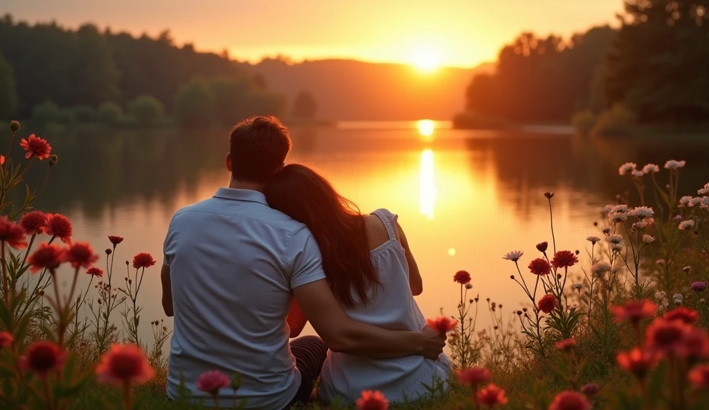 A man and a woman sitting in front of a lake, he has his head resting on the shoulder of , romantic scene, surrounded by flowers, gram, and the sunrise reflecting on the lagoon.