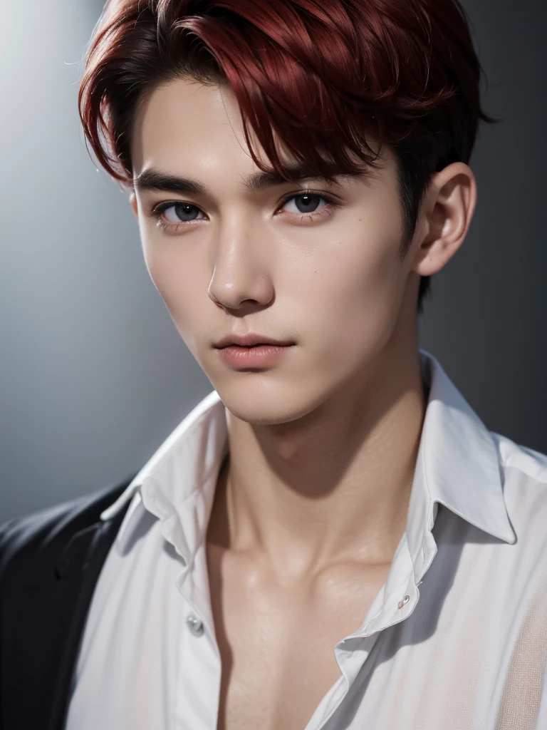 (absurdres, highres, ultra detailed, Ultra HD), a cute young man, in his 20s, (wearing a red colour silk open shirt), red hair, short hairstyle, detailed face, perfect facial features, smooth skin, fair skin, white skin, pale skin, beautiful, gorgeous, wet, mature, perfect eyes, sexy gaze, looking at the viewers romantically, portrait,
