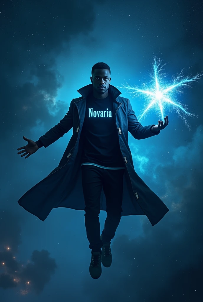"A black man floats in the vast universe, wearing a futuristic coat with the name 'Novaria' glowing in elegant letters. He holds a luminous blue star in one hand., that emits a soft and mysterious glow. Around her, infinite space is dotted with distant galaxies, twinkling stars and cosmic nebulae, creating a stunning celestial landscape. The man displays a focused and determined expression, as if on an important mission across the far reaches of the cosmos. Your coat has a modern design, with details that reflect the same blue tone of the star it carries, further enhancing the harmony between it and the stellar environment."