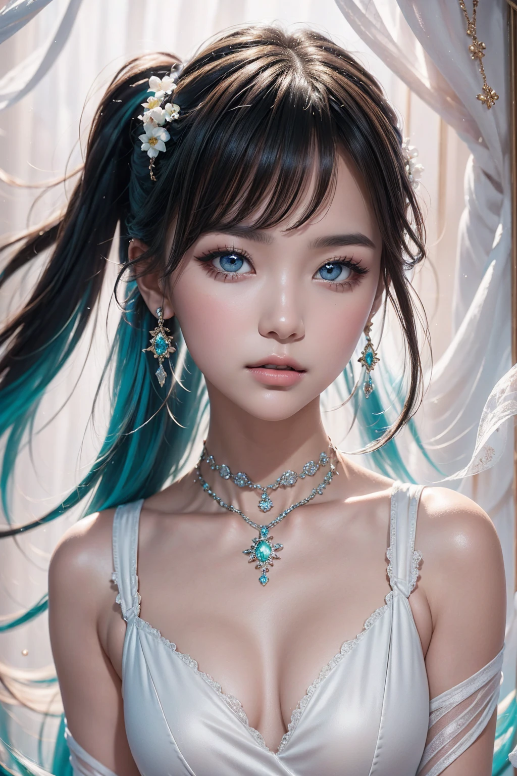 (masterpiece), (best quality), (ultra detailed),(disheveled hair),(illustration), (1girl), (Fashionable clothing), standing, Fashion model, looking at viewer, (interview), (simple background),beautiful detailed eyes, delicate beautiful face, Floating,(high saturation),(colorful splashes),colorful bubble,(shining), focus on face,  ponytail, kamisato ayaka, light blue hair, bangs, hair ring, floating flowers, floating hairs, (shining), best lighting, best shadow,