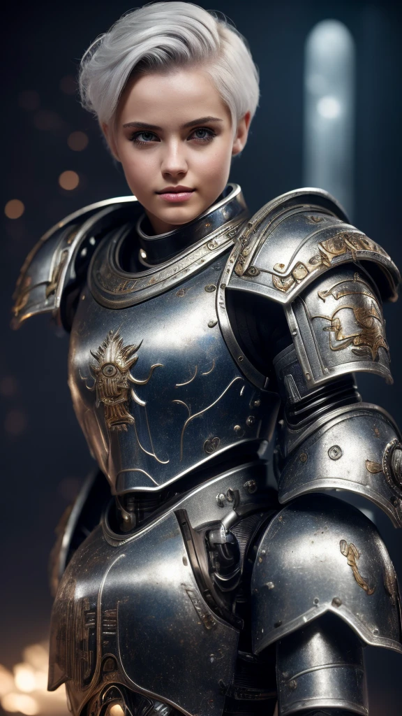 1girl, short messy platinum hair, tired grey eyes, pretty face, slim body, professional hairstyle, (best quality, 4k, 8k, highres, masterpiece:1.2), ultra-detailed, warhammer space marine terminator armor, female terminator armor