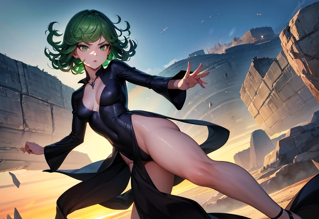 (high res, 8K, masterpiece, looking at viewer, best quality, very aesthetic, ultra detailed, ultra background, ultra Eyes) intricate details, 1girl, Tatsumaki, wearing a fitted V-neck black dress with a high collar, long trumpet sleeves, four high-cut leg slits with pointed toes that showed off her beautiful long legs, black low heels, green short hair, green eyes, Angry Face, Floating in the air, stone rocks float, Background City, Cinematic Angle