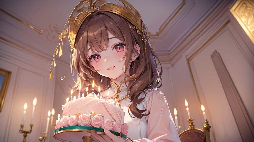 ((Highest quality、masterpiece、Ultra-fine、Ultra-fine、Exquisite、Golden Ratio,16K、Brown Hair,The best smile,Full HD、)), ((Angle from below,Blow out the candles with a wish,One person))Long eyelashes、White skin、(Pale pink lips、Pale pink cheeks、thin and long)、((One person)),Birthday Party -