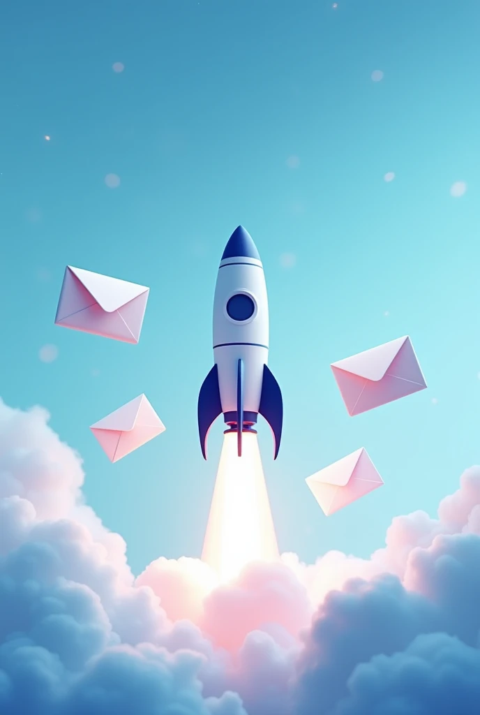 Create a banner featuring a sleek, modern interface for sending multiple emails. The background should have a gradient from light to deep blue, giving a professional and polished look. Depict emails being launched into the sky alongside a rocket taking off, reminiscent of the SpaceX Starship, with the rocket lifting off from the ground. The layout should be clean, with smooth lines and clear visuals, evoking a sense of professionalism and reliability. Do not include any text in the image.