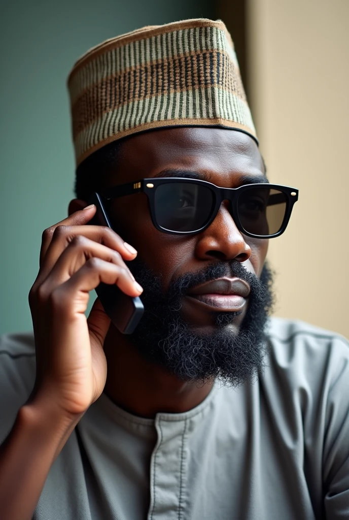 Photo 1 : jeune homme d’affaires noirs,grand détaille ,barbu,la quarantaine,habille en habits traditionnels le képi complet tissée de fille traditionnel de l’extrême nord du Cameroun,qui est entrain de parlé au téléphone et il porte des lunettes très noir fumer qui regarde à gauche