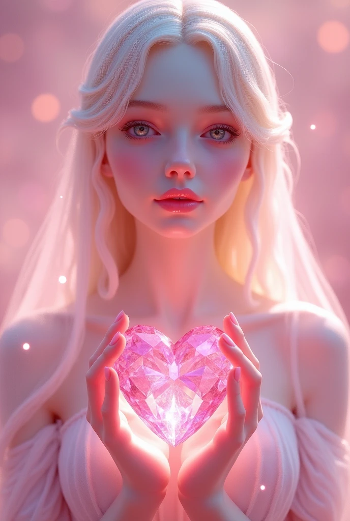 Goddess holding a heart-shaped pink stone mysterious Light pink background goddess facing forward Sparkling Light Kind Face Lovely impression
