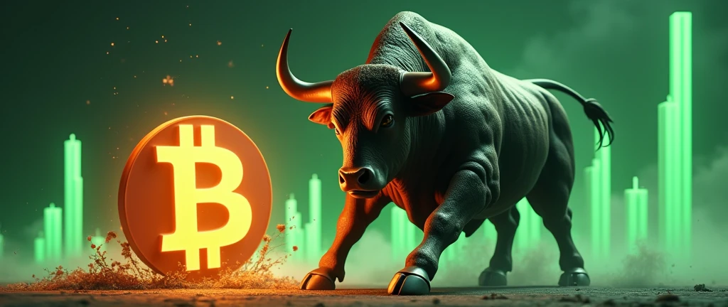 Create an image featuring a powerful bull charging at a Bitcoin ($BTC) icon. The moment of impact should show the bull propelling Bitcoin upward, with the Bitcoin icon rising dramatically as a result of the attack. The background should include upward-pointing green candlesticks, symbolizing the bullish momentum and the strong upward market movement. The overall image should convey energy, force, and a decisive market push