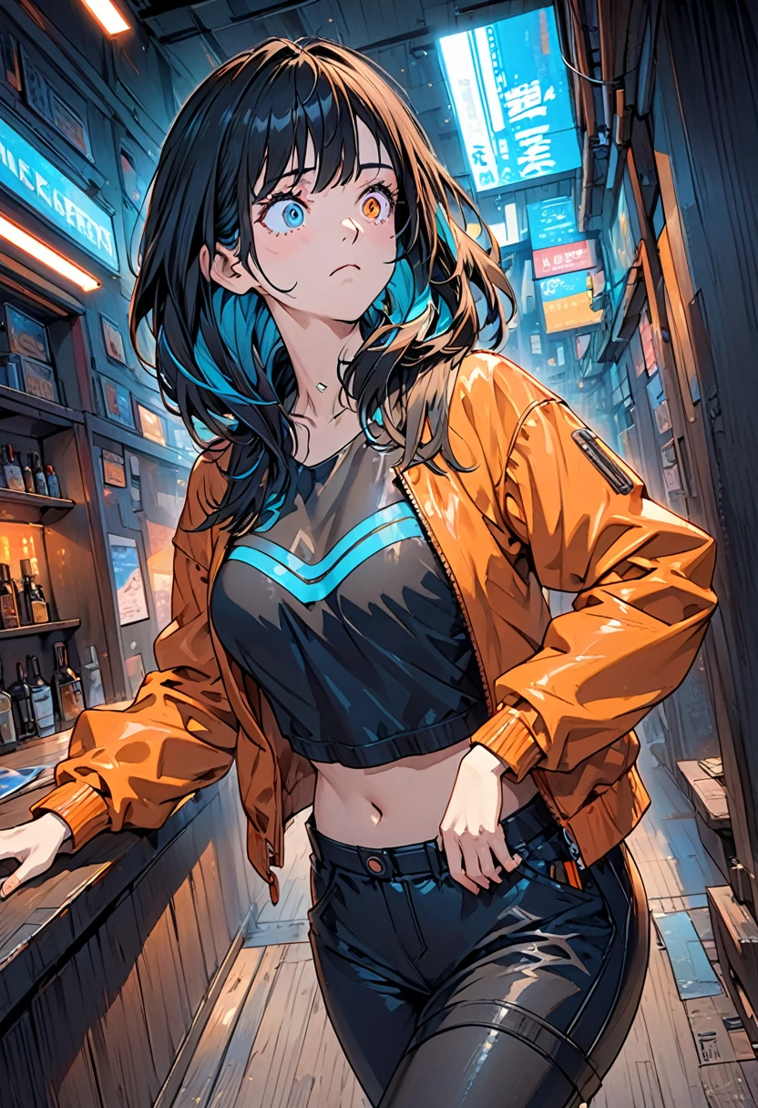 illustration, detailed illustration, ultra detailed, dynamic angle, cyberpunk, 50 year old woman, medium black hair, hair with cyan streaks, mismatched eyes, orange eye, blue eye, lean, medium breasts, black leather top, orange leather jacket, tired expression, cowboy shot, dark bar interior, dark environment