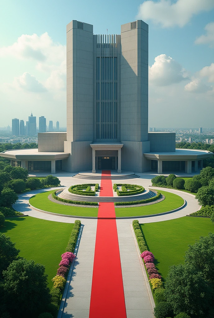 Create a very big headquarters with Singaporean architecture.The compound has grass,tarmac road and Flowers only.Nexus Global Embassy exposed on the building concrete and red carpets on the entrance I can't see the words