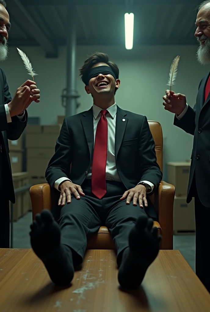 Malaysia malay handsome 21 years celebrity
His hand tied up in warehouse
Blindfolded
Black Suit and Red tie
feet on desk
feather
shoes on desk
5 toes each feet
Black sock
Poison effect smelly sock
2 man holding feather tickle his feet
He laugh very hard
