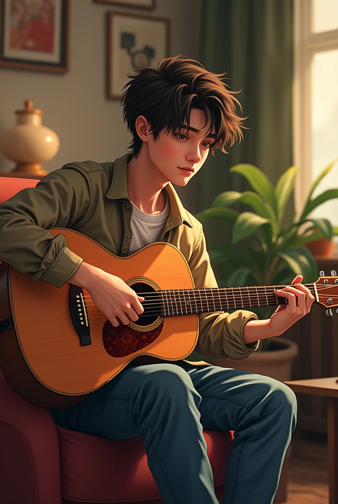 A younger man sitting with a guitar 