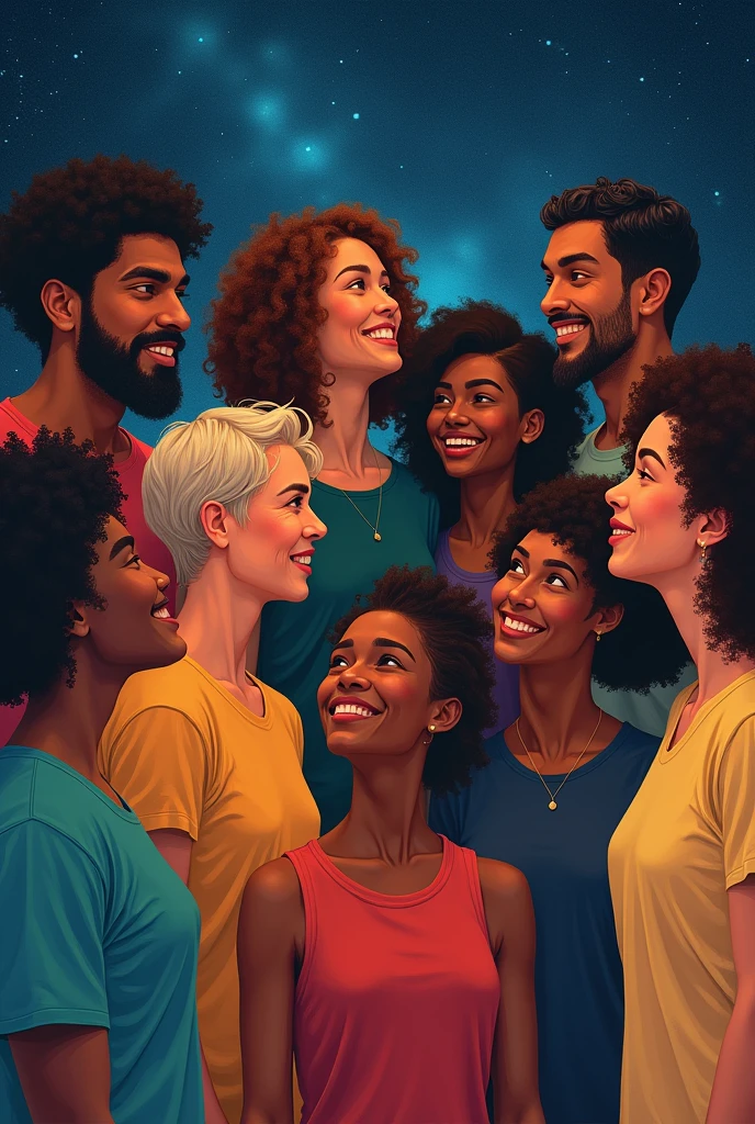 strength comes from unity.Picture with all races of world  illustrated by stars