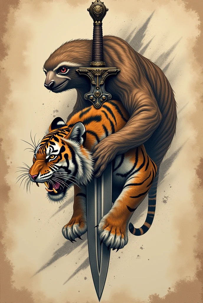 Tattoo of a tiger inside a saber with a giant sloth