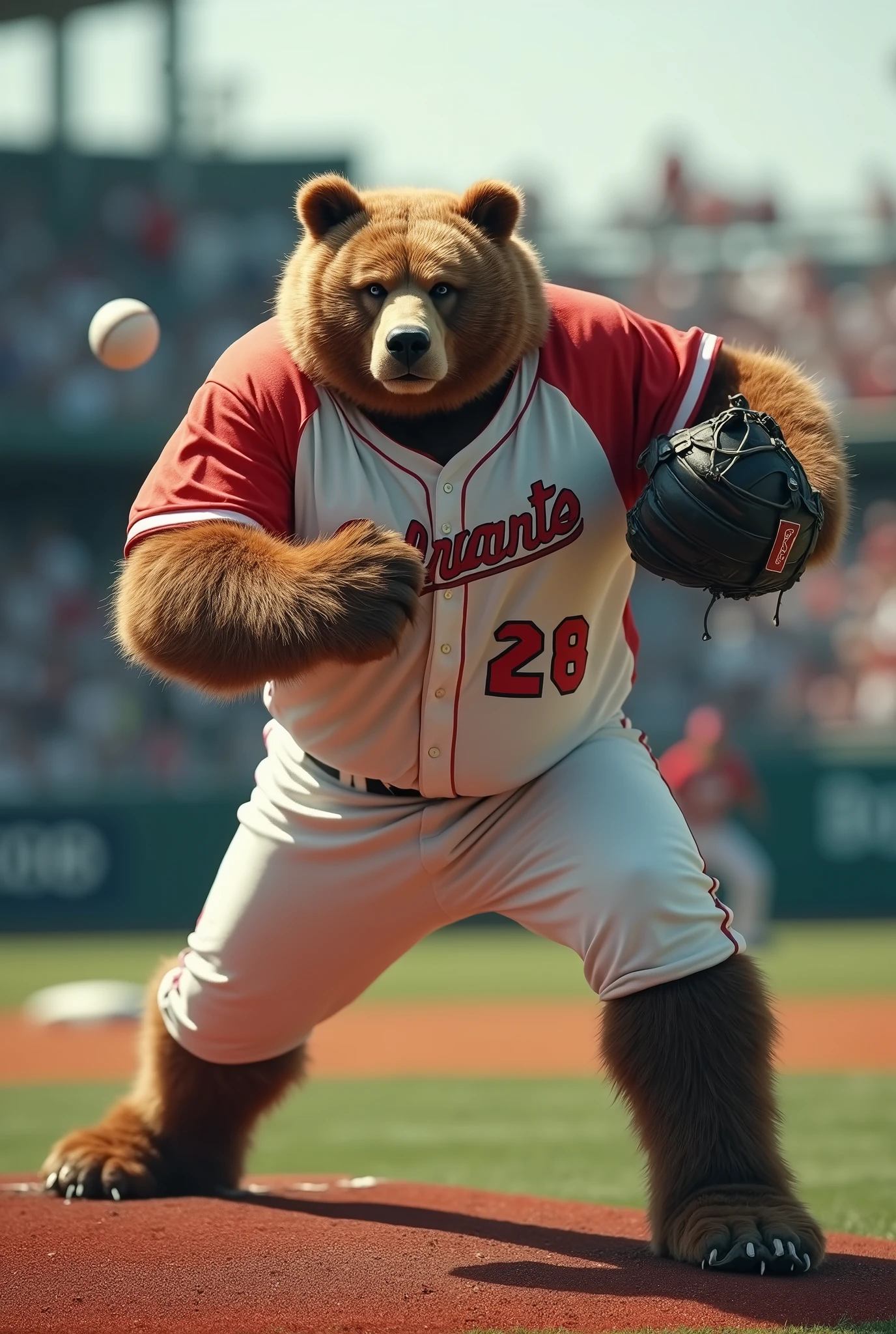 Create an image of a very aggressive and muscular Japanese bear wearing a baseball outfit at the stadium and this bear is throwing the baseball with force. It was full 4K image high quality photo realistic Made composition in photoshop Cinematic With 50 mm lens background blur the image has to transmit Energy creativity of dynamism