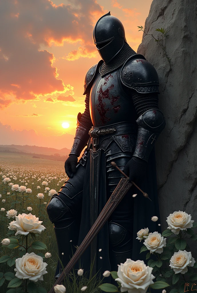 Here is a more detailed description:

Imagine a knight in black armor, decorated with intricate white details that glow softly in the evening light. The armor, although imposing, It is broken and stained with blood. Several arrows are embedded in his chest and abdomen., with dark blood flowing through the cracks in the armor.

The knight is leaning against a large, rough rock, His strength fading as his life slowly slips away. Around it, a vast field of white roses, Its soft petals contrast with the hardness of the armor and the brutality of the scene.. The knight holds his sword firmly, which is partially nailed into the ground next to it. his eyes, although weak, are fixed on the horizon, where a red sunset floods the sky with fiery hues, symbolizing the end of his battle and his life.

The clouds in the sky seem to reflect the knight&#39;s inner storm., and the wind blows gently, moving the rose petals around her. The scene is a portrait of sacrifice, courage, and the melancholy of the inevitable end.