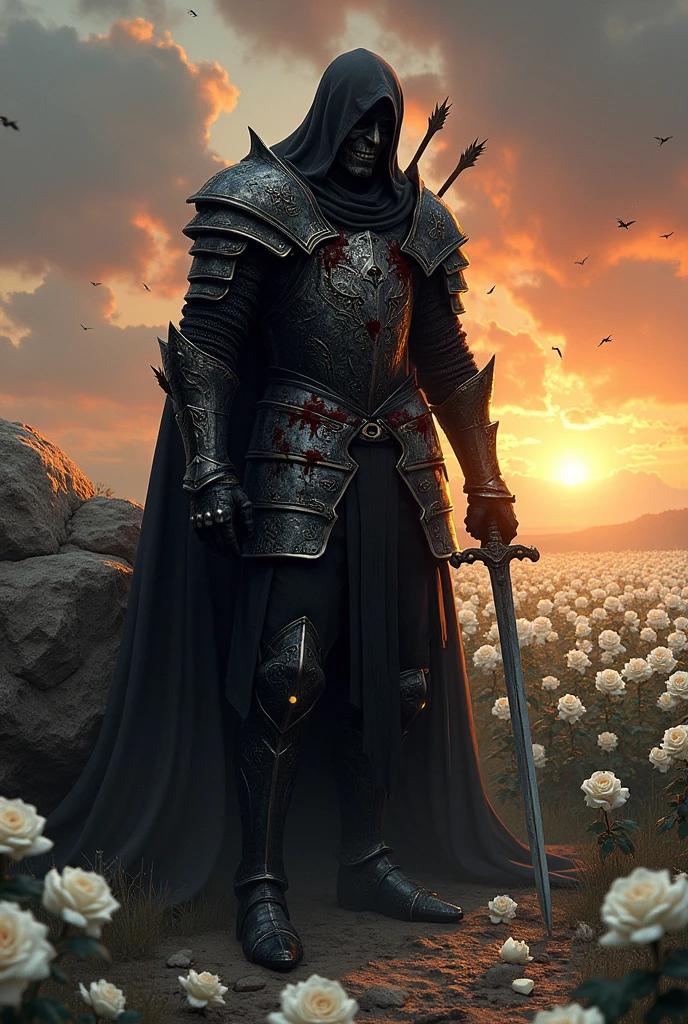 Here is a more detailed description:
Imagine a knight in black armor, decorated with intricate white details that glow softly in the evening light. The armor, although imposing, It is broken and stained with blood. Several arrows are embedded in his chest and abdomen., with dark blood flowing through the cracks in the armor.
The knight is leaning against a large, rough rock, His strength fading as his life slowly slips away. Around it, a vast field of white roses, Its soft petals contrast with the hardness of the armor and the brutality of the scene.. The knight holds his sword firmly, which is partially nailed into the ground next to it. his eyes, although weak, are fixed on the horizon, where a red sunset floods the sky with fiery hues, symbolizing the end of his battle and his life.
The clouds in the sky seem to reflect the knight's inner storm., and the wind blows gently, moving the rose petals around her. The scene is a portrait of sacrifice, courage, and the melancholy of the inevitable end.