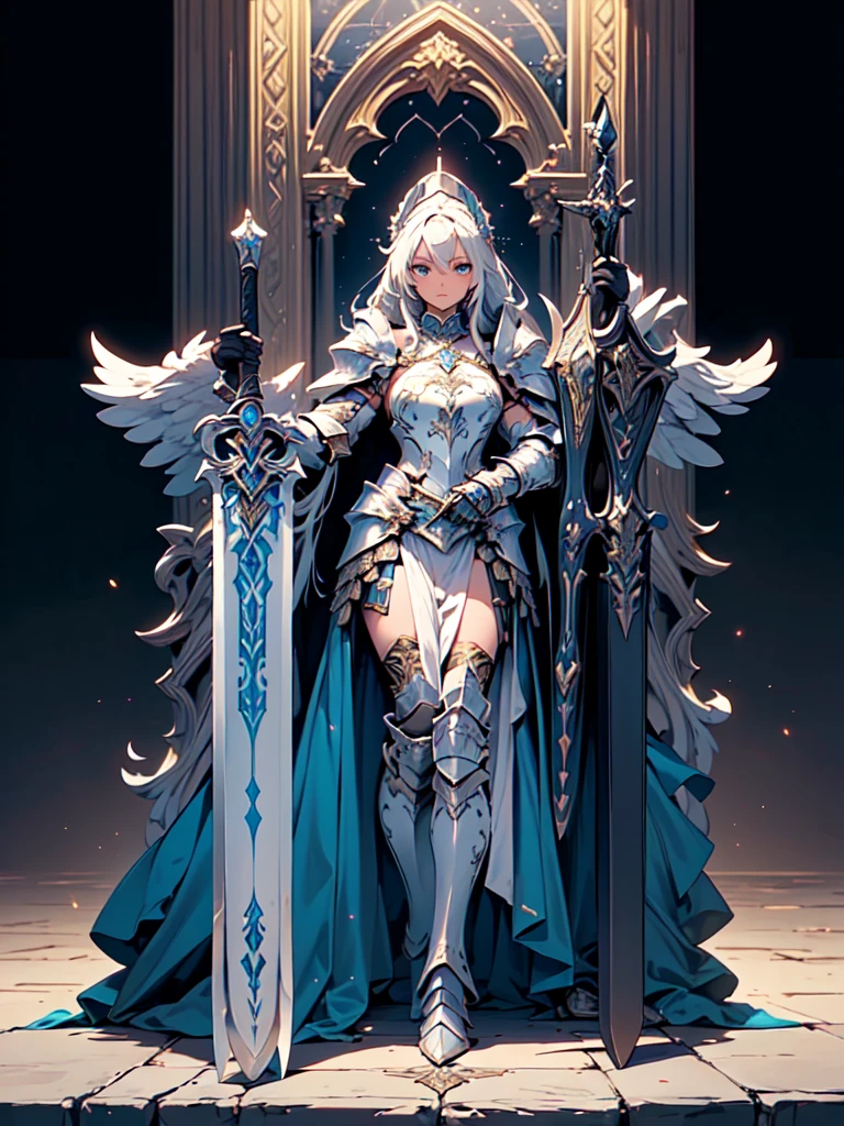 (((masterpiece, best quality, high detailed, 8k))) Design a layout showcase Gaming character, (1girl). valkyrie White|Blue|Gold armor, elegant and majestic. ((showcase weapon:1.4)), celestial sword. (masterpiece:1.2), (best quality), 4k, ultra-detailed. (Step by step design, layout art:1.5), (luminous lighting, atmospheric lighting). divine warrior, ((glove full hands)), (((regal armor:1.3))), shoulder pauldrons, armored boots, (((full_body_shot:1.4))). {In a radiant celestial realm}.