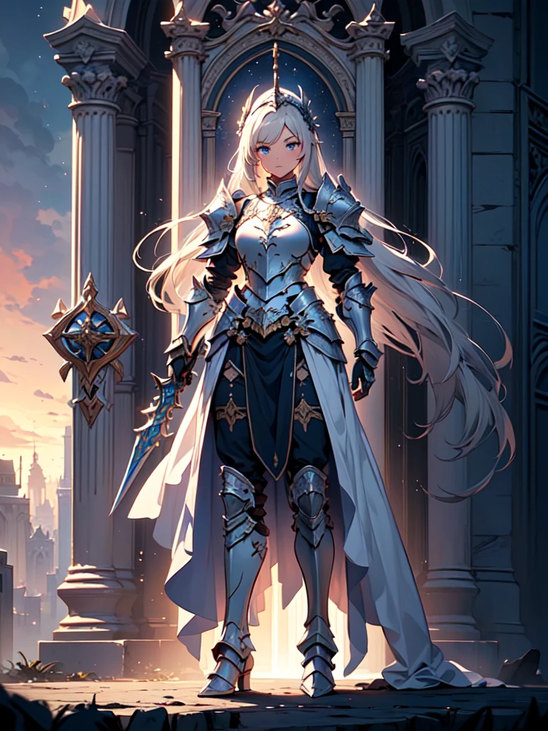 (((masterpiece, best quality, high detailed, 8k))) Design a layout showcase Gaming character, (1girl). valkyrie White|Blue|Gold armor, elegant and majestic. ((showcase weapon:1.4)), celestial sword. (masterpiece:1.2), (best quality), 4k, ultra-detailed. (Step by step design, layout art:1.5), (luminous lighting, atmospheric lighting). divine warrior, ((glove full hands)), (((regal armor:1.3))), shoulder pauldrons, armored boots, (((full_body_shot:1.4))). {In a radiant celestial realm}.