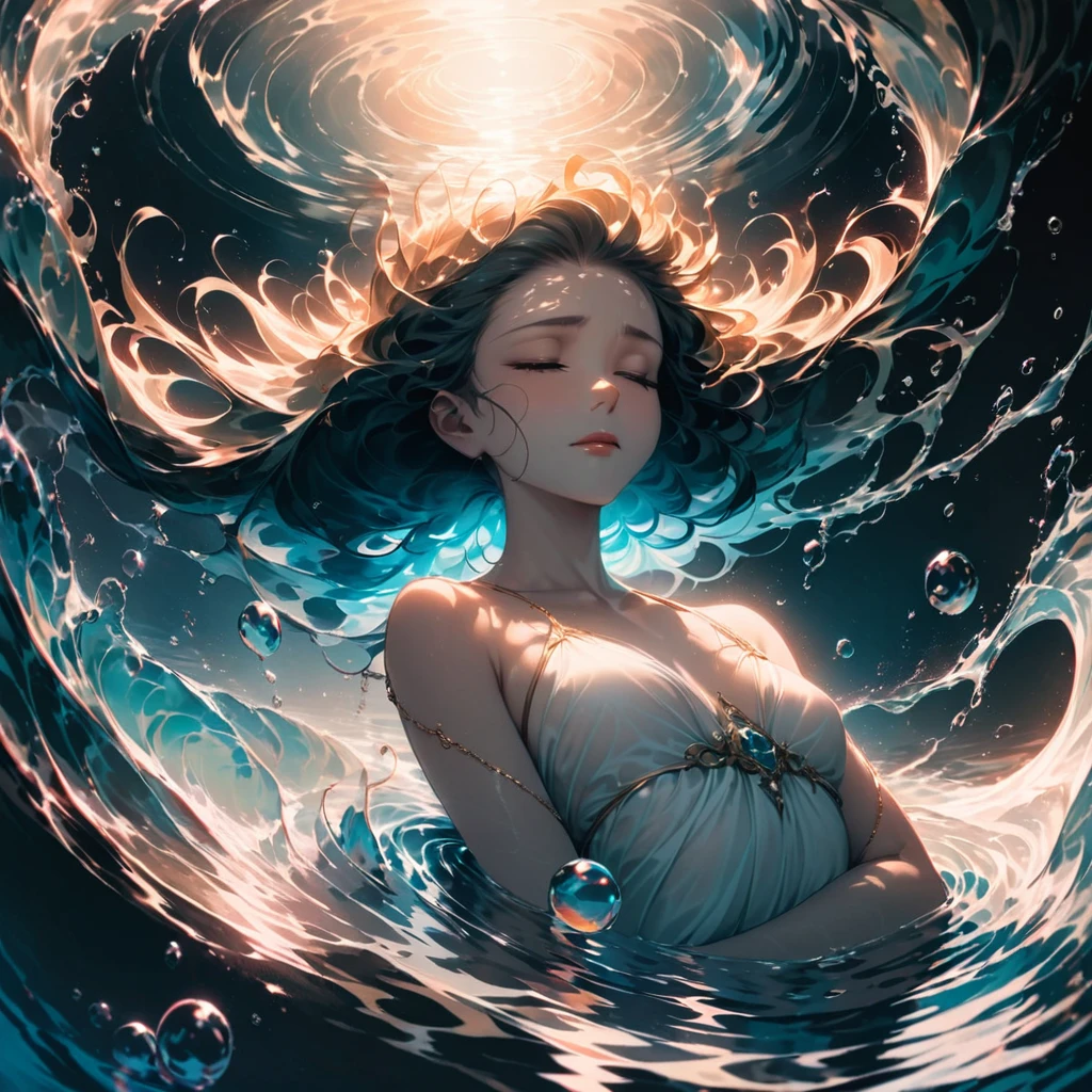 ((User profile photo)), (alone), (Small breasts), (Elevation), beautiful, Complex, Awards, Chiaroscuro, Highest quality, Detailed Background, (Atmosphere of sadness:1.1), Her head, Submerged, floating, (Hair fluttering in the wind, close your eyes, Quiet Face, Calm expression), Lips slightly open, Pale skin, (The fabric is rippling, Embraced by water, Sinking, A silent struggle), Bubbles escape, Quiet Surrender, The caress of water, The Pull of the Abyss, A peaceful descent, Heavenly Beauty, Tragic silence, Water Mirror, Distorted reflections, End of life, The last dance of beauty.