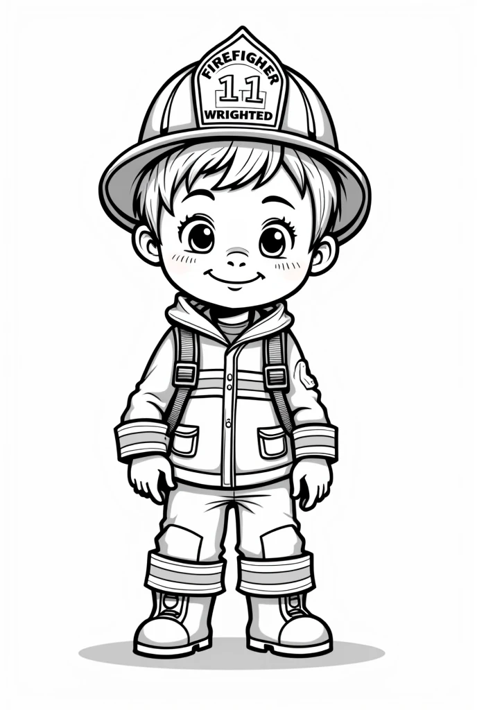 a firefighter child cartoon character, detailed facial features, coloring book style, no background, ready to color