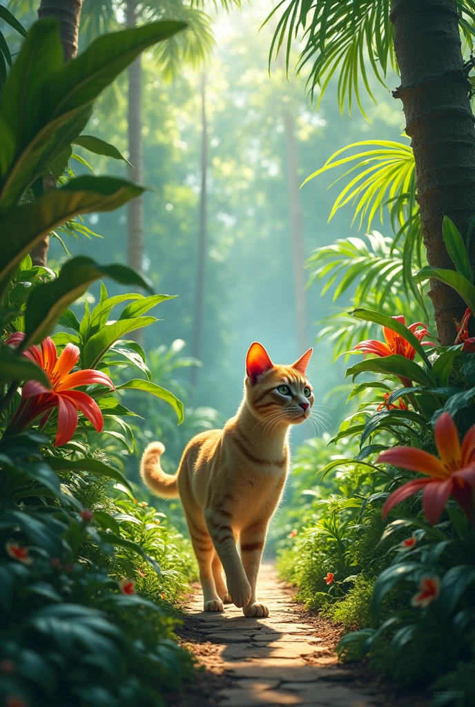 A cat in a lush tropical garden.