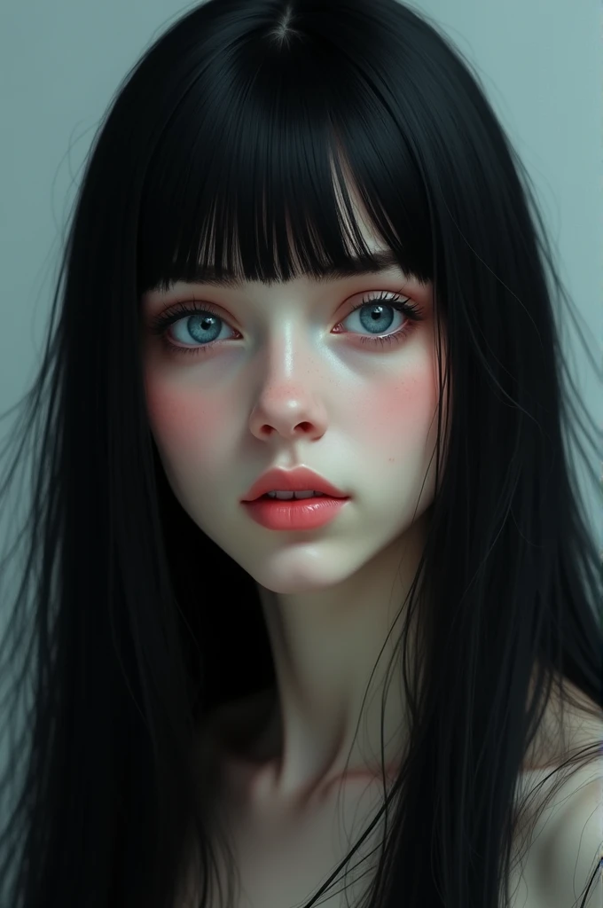 Fair-skinned, blue-eyed woman with long straight black hair and bangs across her forehead