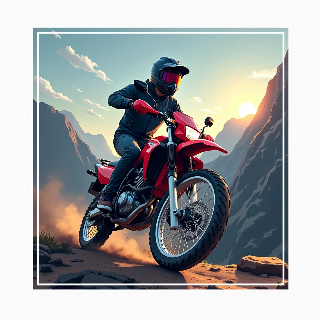 ((Logo vector con borde blanco)), ((Honda NC750X 2016 model year)) , ((trail bike with panniers)), ((a motorcycle)), (((crear un Logo vectorizado con borde blanco de una moto Honda modelo NC750X))), fondo montañas a close up of a person riding a dirt bike on a mountain, adventurous, Logotipo deportivo, Estilo de Logotipo vectorizado, Logo vector art, adventure, Diseño de concepto de Logotipo, travel and adventure, riding, new adventure, Diseño de Logo, by Daniel Schultz, trail of light, arte del Logotipo, simple and clean illustration, Extreme sports, Logo, Logo