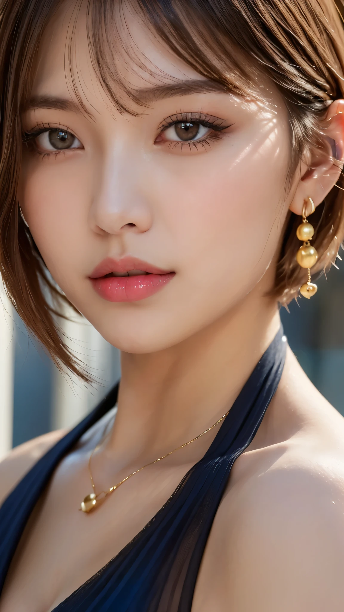 (Photorealistic, 32k, RAW photo, best quality:1.4), (masterpiece:1.3), (ultra high resolution, ultra realistic, highly detailed, golden ratio, ultra detailed), 1 beautiful woman, natural makeup, intricate cloth texture, finely detailed hair texture, beautiful full-body, perfect female form, anatomically accurate, highly detailed face and skin, (elegant hands), (realistic skin), (beautiful pale skin:1.1), (extreme close-up:2.0), (Oversized Breasts), (Wearing Blue Halter-top:1.5), (Earrings, Pendant),
BREAK,
realistic eyes, captivating detailed eyes, symmetric eyes, light brown eyes, double eyelids, thin eyebrows, (glossy lips:1.4), (kissable expression, blush:1.3),
BREAK,
((short bob cut, dark brown hair, bangs:1.2)), (Moonlit night, terrace:1.3)