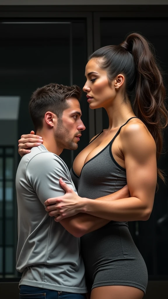 ( tall fitness woman Chloe Kardashian strong woman hands )(woman hands holding at neck of shorter man head at her neck level from behind )(standing whole body tall comparison) (very different tall heights)(wearing office manager )(close to windows ) . High resolution. 8K, very high definition,real people captured camera ., photo
