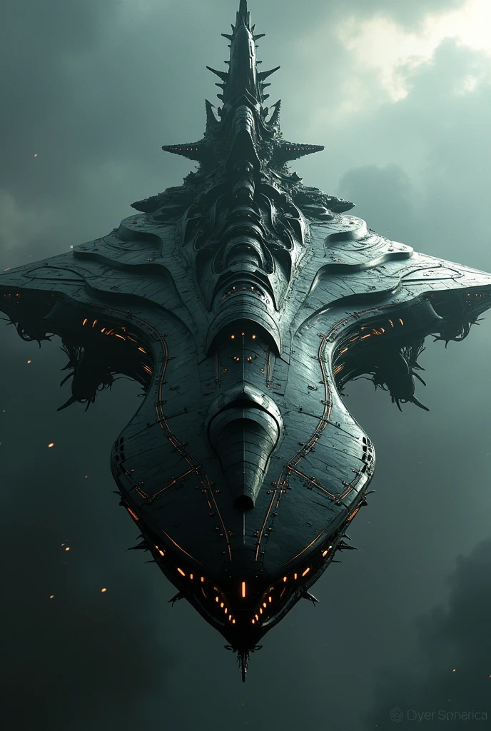 Spaceship inspired by the silhouette of the crest on the head of the Alien Queen from the ALIEN movie saga, that has futuristic technological details and also seems to have parts of synthetic organic matter. I need an architecturally striking type of shape to make it stand out among other ships., earning this the title of mother ship. I want this ship to have a predominant matte black color. I need you to add more details that look organic..