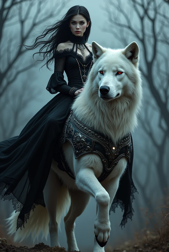 make a girl with a gothic look riding a white wolf with armor