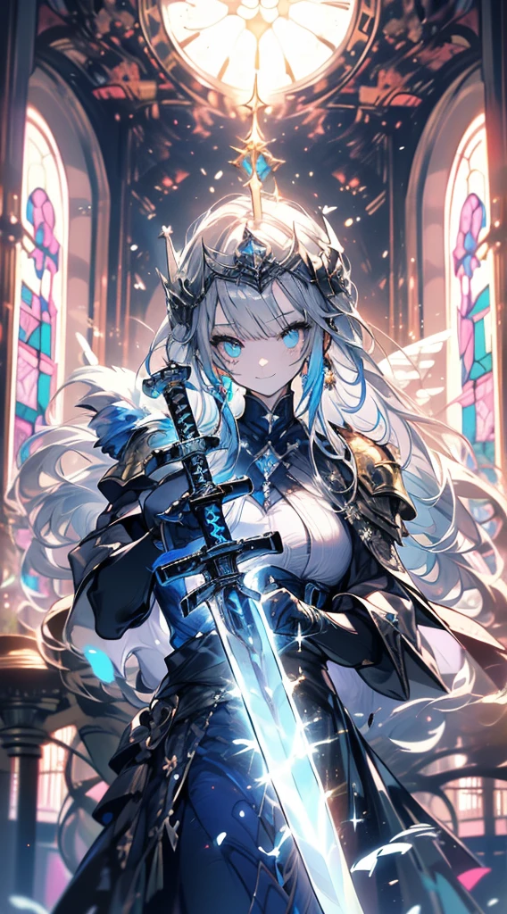 (official art、best quality、Unity 8k wallpaper、32K、​Masterpiece、Super detailed、ultra high resolution、realistic、Realism、very funny:1.2)、(Cinema lighting:1.2)、fire effect、film particles、Best shade、edge lighting、side lights、(Super detailed and complex 3D rendering)、Delicate and beautiful face and eyes、sharp pupils、Realistic Student、A slender one、１man woman、medium bust、(whole body:1.2)、 beautiful face、 beautiful girl、(Super fine skin、Detailed skin texture:1.3)、(silver blonde、Blue-silver hair:1.3)、Paladin、long hair、blunt bangs、green eyes、3 braids 1 bundle、(blue armor、blue boots、Blue helmet、set with precious stones、gold embroidery)、A slender one、long skirt、(thighs thighs thighs thighs:0.8)、(Chis、in the house、Stained glass of art、Large pipe organ、Hello、mystery、A lot of feathers floating、angelic、light particles、Serious、Sunshine is、Colorful、fantastic:1.2)、(fantastic:1.3)、(Holding the Holy Sword:1.4)、fantastic、smile smile