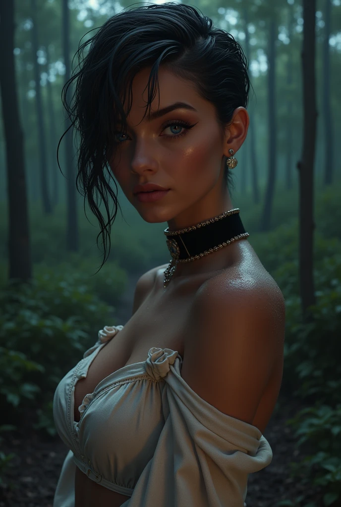 a hyper-realistic portrait of a young woman, half asleep, under a tree, inside a forest, in the middle of nature, 22 years old, realistic, (lying on her side), she is wearing a red panties, (wearing a garter belt and black pantyhose), sexy, (huge breasts 2:1), torn, (all torn), short brown hair, (hair tied with bows), curved, SFW