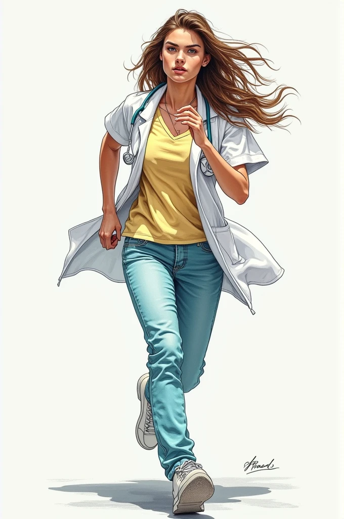 Image of a thoughtful female healthcare student, running against time, com olhos castanhos, in illustrated drawing