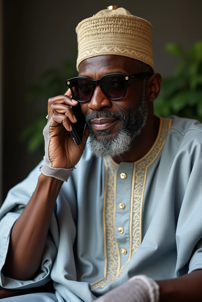 Photo 1 : jeune homme d’affaires noirs,grand détaille ,barbu,la quarantaine,habille en habits chapeau et gants traditionnels le képi complet tissée de fille traditionnel de l’extrême nord du Cameroun,qui est entrain de parlé au téléphone et il porte des lunettes très noir fumer qui regarde à gauche