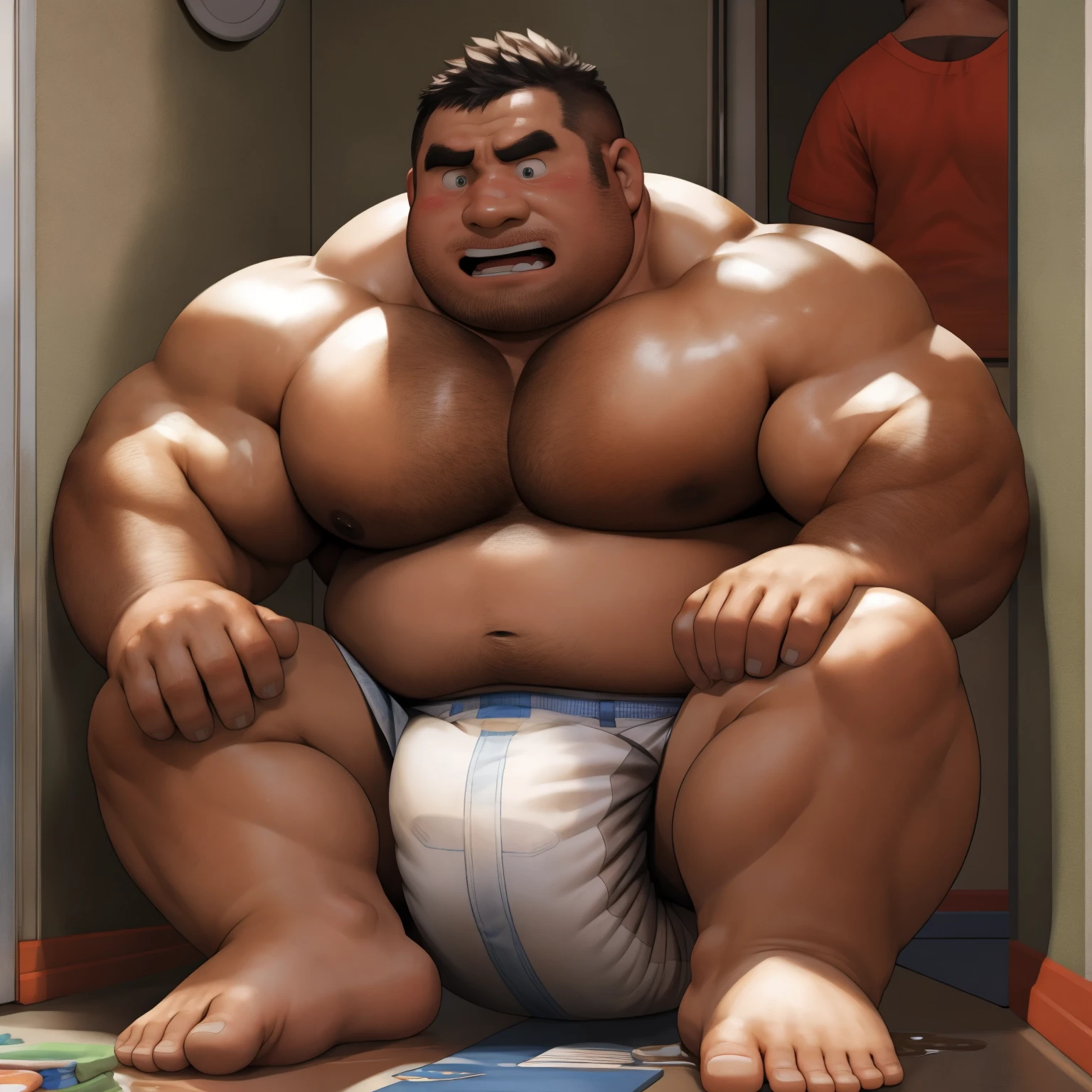 masterpiece, Top quality, in 32K, perfect anatomy, hyper detailed, super fine illustration, The thick man is a brutal prisoner, retarded, hairy, human, 50yo in japan, (fatness: 1.0), Fatty muscle, Bowleg, disappointment, incontinent, be diaper check by children, There is a small puddle under him, Naked, short legs, Bowleg, spread legs, wear a White cloth Diaper, Bare belly, Bare legs, Bare foots, Bare soles, Shirtless, wide forehead and short thinning hair, Man with round  face with stubble, Bare foots, Bare soles, shy, sissy, Weaker than children, Drool, Round face, He enters  and is despised by children, He is made to stand attention in the corner of the playroom, corner time, He surrounded by children, Bare foots, big butt, White Diaper, sobbing, There is a small puddle under him