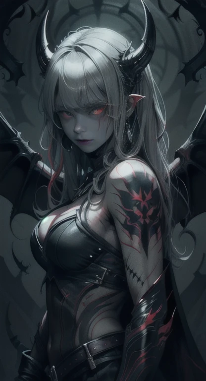 Overgrown hell life, winged devil linkle, Grey skin, black veins, black blood, red markings, devil armor, looking at viewer,
