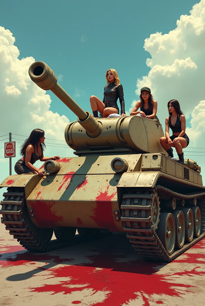 Very attractive women are cleaning a huge worn out military tank covered in blood stains. They are scattered around the machine: A woman is lying on top of the tank, Another is leaning forward cleaning one of the stains, while two more stand on the sides, working with sponges and buckets of water. The women wear combat boots and display different skin tones and hair styles., while one of them is wearing a leather jacket and a military cap, sitting casually on top of the tank watching the others. The tank has the name 'Rosie' written on its side, and the scene has a sunny background with fluffy clouds and a bus stop sign in the background, adding a surreal and provocative tone to the scene