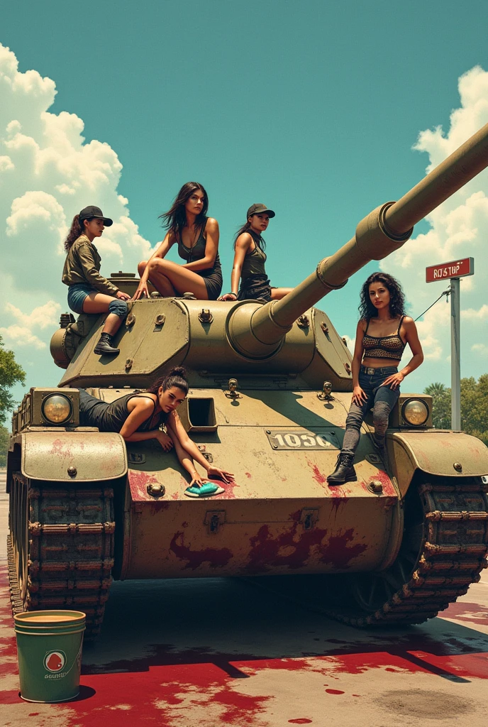 Very attractive women are cleaning a huge worn out military tank covered in blood stains. They are scattered around the machine: A woman is lying on top of the tank, Another is leaning forward cleaning one of the stains, while two more stand on the sides, working with sponges and buckets of water. The women wear combat boots and display different skin tones and hair styles., while one of them is wearing a leather jacket and a military cap, sitting casually on top of the tank watching the others. The tank has the name &#39;Rosie&#39; written on its side, and the scene has a sunny background with fluffy clouds and a bus stop sign in the background, adding a surreal and provocative tone to the scene