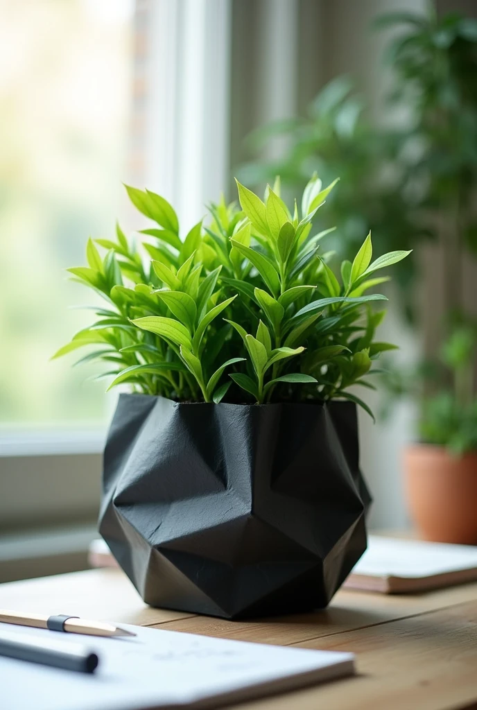 A thick black clumpy paper pot with a plant on a desk, with the blurry photo
